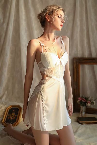 Caprisious Women's Silk Satin Nightgown Set - Elegant V-Neck, Lace Stripe Lingerie Sleepwear without Robe