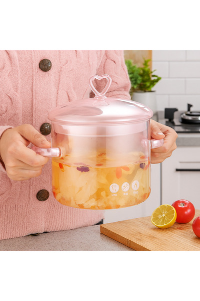 BLUE SİDE Borosilikat Pembe Renk 1,5 Litre Pinterest Stil Kalp Kulplu Cam Tencere