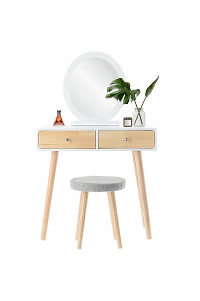 SERSIMO Set masa de toaleta si machiaj cu taburet, Scandinav, oglinda, 80x40x125cm, alb maro