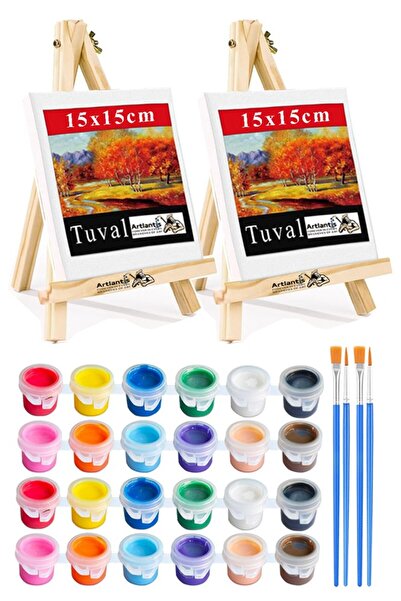 Artlantis Mini Şövale 15x15 cm Tuval 3 ml Akrilik Boya 12 Renk ve Fırça 2 Ade...