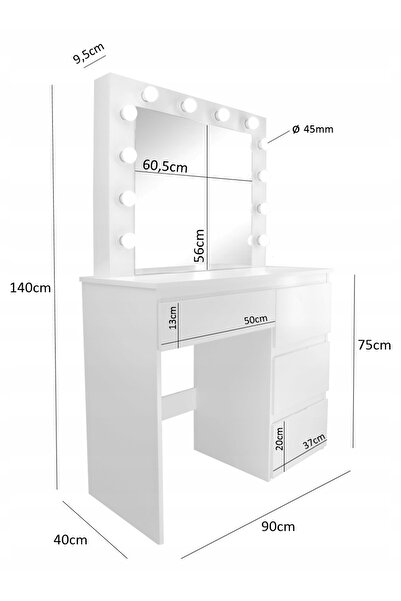 SERSIMO Masa de toaleta si machiaj Hollywood Pro, alba, cu 4 sertare, oglinda si 12 LED-uri, 90x40x140 cm