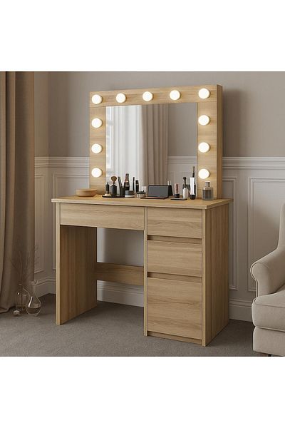 SERSIMO Hollywood Dressing Table and Makeup Table With Led Mirror And 4 Drawers, 94x43x140 Cm, Oak