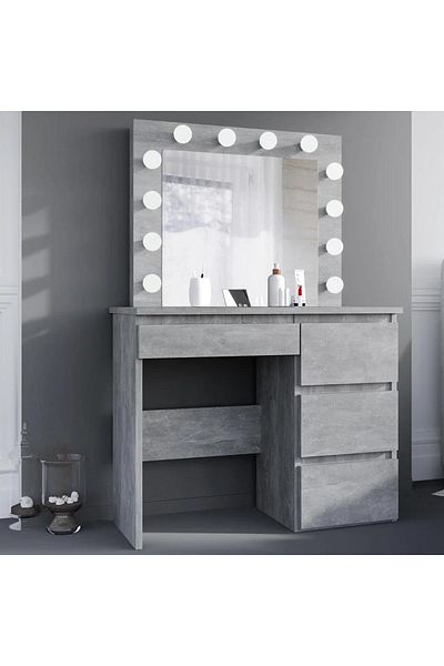 SERSIMO Masa de toaleta si machiaj Hollywood cu oglinda LED si 4 sertare, 94x43x140 cm, gri beton