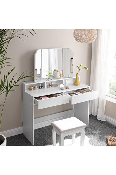 VASAGLE Masa de toaleta cu oglinda rabatabila si 2 sertare, 3 compartimente, 100x40x142cm, alb