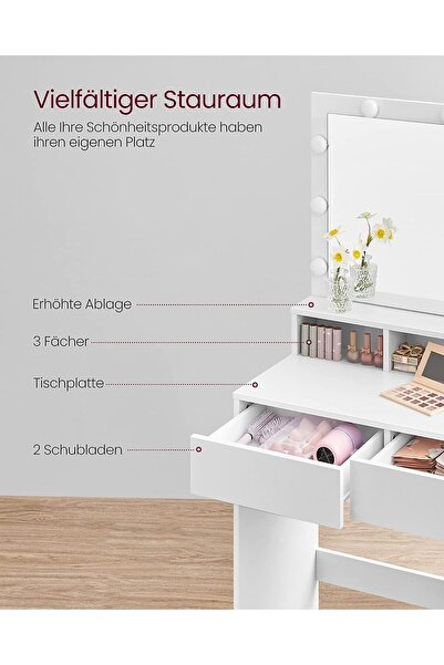 VASAGLE Masa de toaleta cu oglinda, iluminare LED, 2 sertare si 3 compartimente, 80x40x140cm, alb