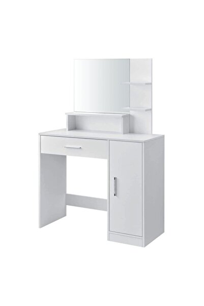 SERSIMO Masa de toaleta cu oglinda, sertar, dulap si rafturi, 90x38x138 cm, alb