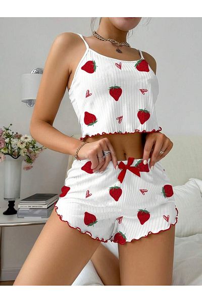 EDLİNGERİE Strawberry Patterned Mini Shorts Set