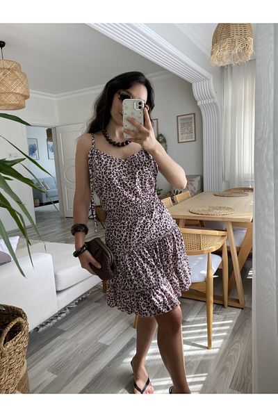 Simala Rochie de damă cu bretele cu decolteu în V, cu model leopard, cu volane