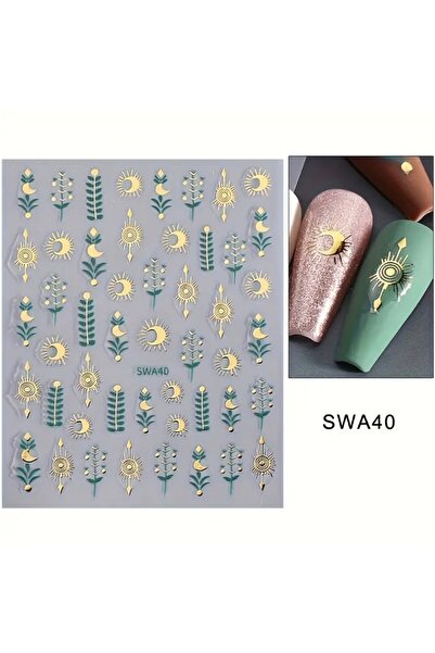 AEÇTASARIM 1 Adet Bohem Tarz Yeşil Gold Tırnak Süsleme Stickerı, Nail Art Süs...