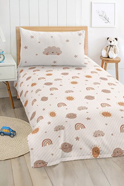 Realhomes Sun Cloud Planet and Rainbow Patterned Pastel Beige Children's Sing...