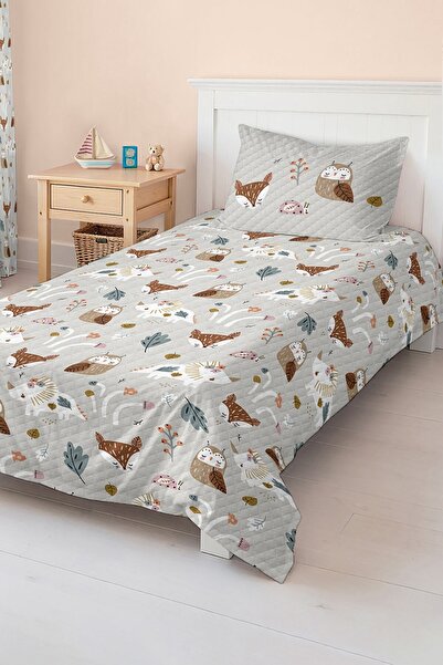 Realhomes مجموعة بيكيه فردية للأطفال باللون البيج بنمط حيوانات الغابة والتريس...