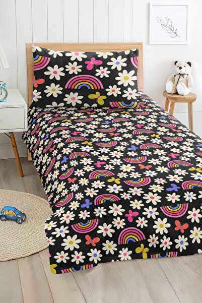 Realhomes Floral Rainbow and Butterfly Patterned Colorful Black Children's Si...