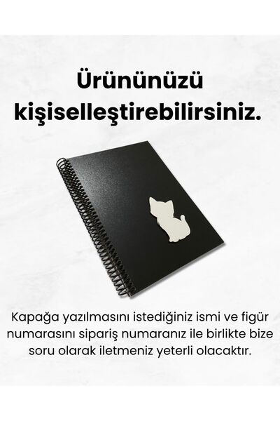 Kedi Figürlü Ahşap Kapaklı Siyah Yapraklı El Yapımı Defter – Anı Albüm, Günlük Kişiselleştirilebilir
