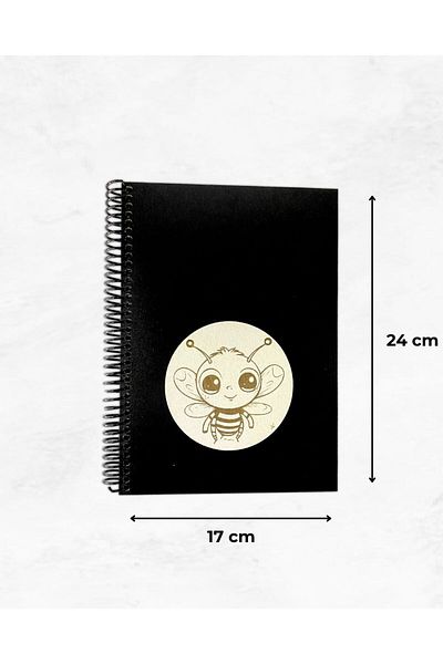 Tasarım Siyah Defter Black Page Drawing Notebook with Cute Bee Figure and Wooden Cover - Memory, Album, Poetry Notebook