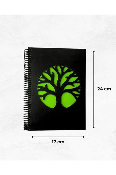 Tasarım Siyah Defter Дървен капак с дърво фигура, черен тефтер – ръчно изработен дизайн за спомени, дневник, поезия
