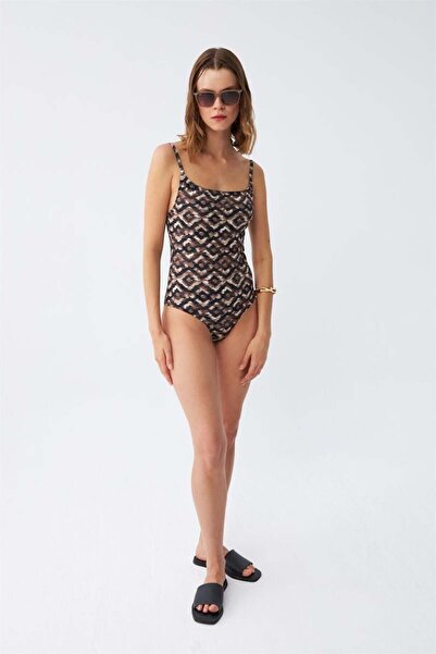 modaserdem Mdsrdm Women's Ethnic Patterned Thin Strap Body Hugging Swimsuit