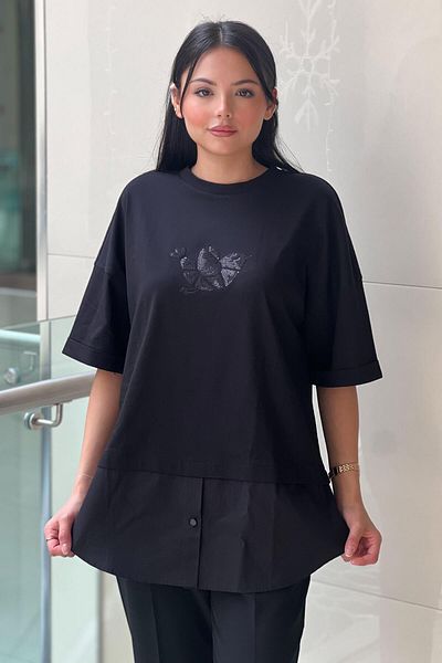 Ghisa Short Sleeve Cotton Tunic with Logo Sequin Embroidery on the Front