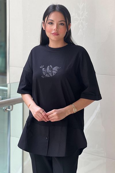 Ghisa Short Sleeve Cotton Tunic with Logo Sequin Embroidery on the Front