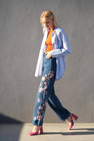 Touché Privé ÇİÇEK NAKIŞLI DENİM PANTOLON