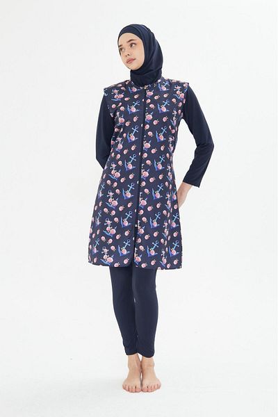Modestia 5 Piece Full Covered Hijab Swimsuit – Patterned Zippered Gilet Top Set Dark Blue-M
