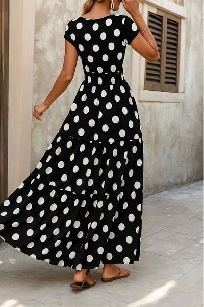 nedo7 Women's Short Sleeve Double Breasted Collar Elastic Waist Single Jersey Maxi Dress