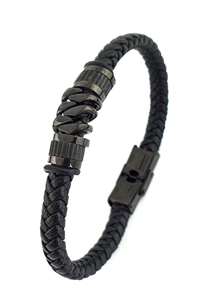 OSESHOP سوار روداجلي أسود من الفولاذ 316L مصنوع من الجلد للرجال