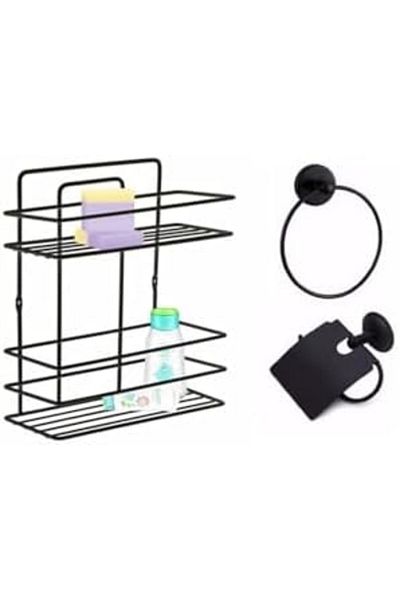 Mena Rise Diyar-ıFırsatShop Set de accesorii 3 bucăți negru, suport de baie plat, rezistent la rugină, suport pentru șampon S