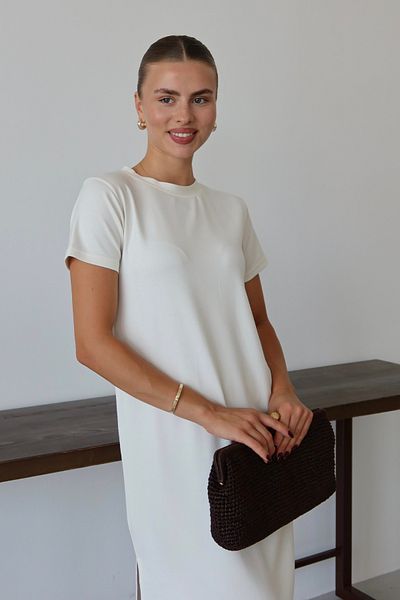 Mogi Butik Γυναικείο φόρεμα Modal υφασμάτινο μισό μανίκι με σχισμή κάτω από το γόνατο 3083