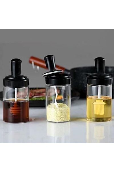 Mena Rise Diyar-Ifırsatshop Spice Jar Set, 6-Piece, Self-Brush and Spoon, Honey Jar, Black