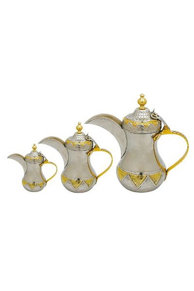 BASURRAH Luxury Arabic Coffee Pot Set, Gold and Silver, 3 Pieces