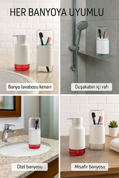 Open Home Concept Set of 2 Practical Liquid Soap Dispenser and Toothbrush Holder White