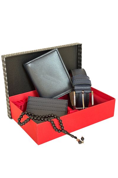Tisaati Premium Series Special Boxed Luxury Leather Classic Vertical Wallet Belt Card Holder and Prayer Beads Men's Set