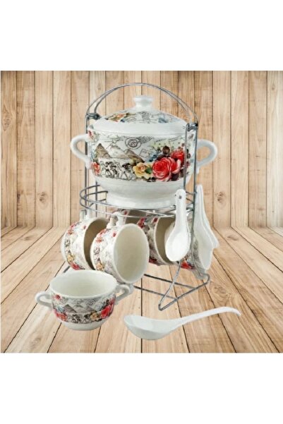 BASURRAH طقم أوعية حساء من 16 قطعة بنقشة وردة بيضاء