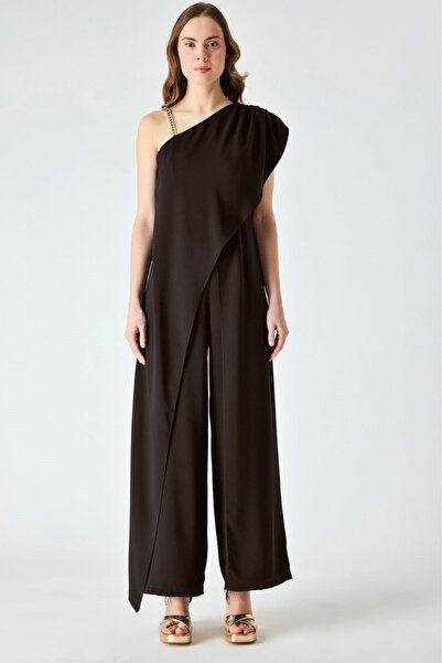 FEVER Tek omuzlu zincir detaylı asimetrik tulum