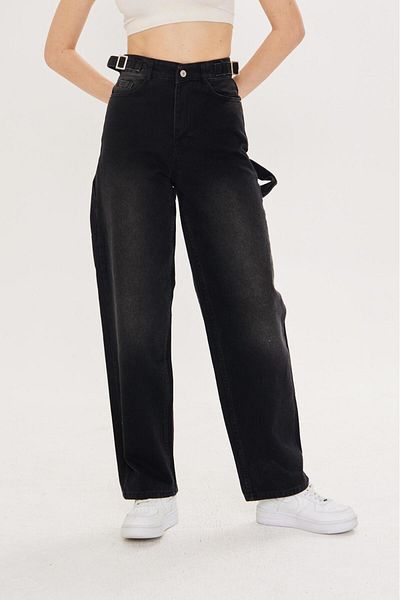 LAMİRAMOOD Black Double Belt with Epaulettes Adjustable Wide Leg Wide Leg Super High Waist Women's Pants