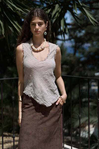 BOHEMAİ Veilinas Asymmetric Mink Linen Crop