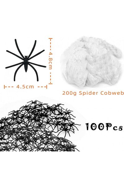 PARSUP Halloween fabric set with 100 artificial spiders, cotton/plastic, white/black