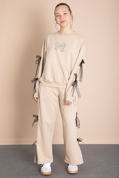 Cansın Mini Beige Wide Leg Girl's Tracksuit Set with Bow Detail on the Sides 21199