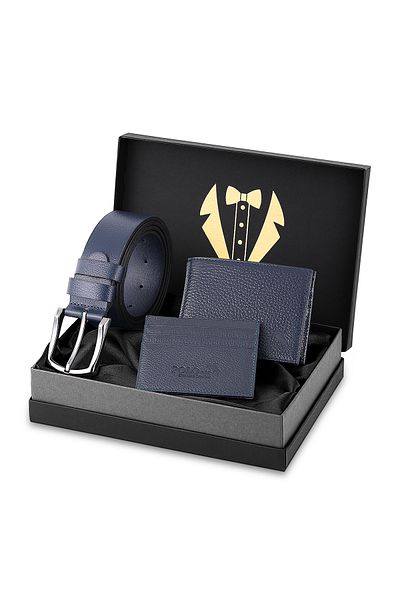 Polo Air Men's Groom Dowry Bundle 100% Genuine Leather Wallet Card Holder Belt Set Navy Blue Color Dm-8002-L