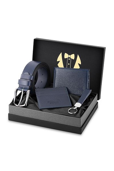 Polo Air Men's Groom Set 100% Genuine Leather Wallet Card Holder Belt Keychain Combination Navy Blue Color H-Dm-8002-L