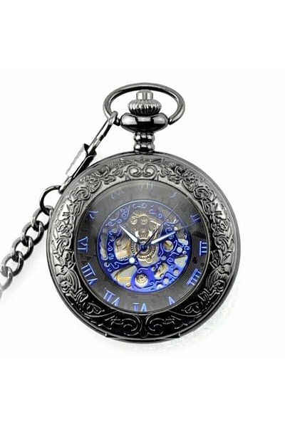 MBrands Pocket Watch, Black With Blue, Skeleton, Mechanical, With Chain, Vintage Style