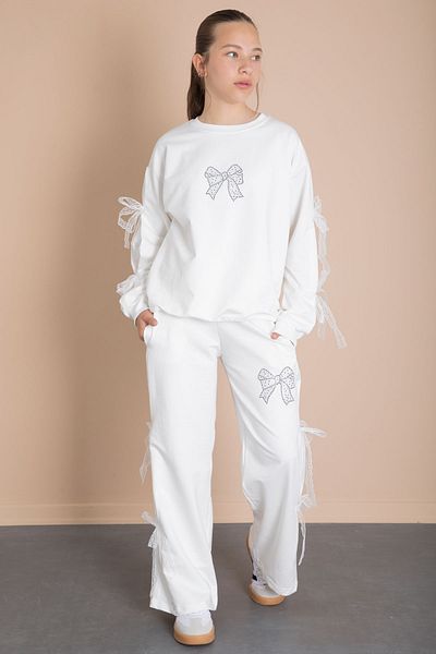 Cansın Mini Ecru Wide Leg Girl's Tracksuit Set with Bow Detail on the Sides 21197
