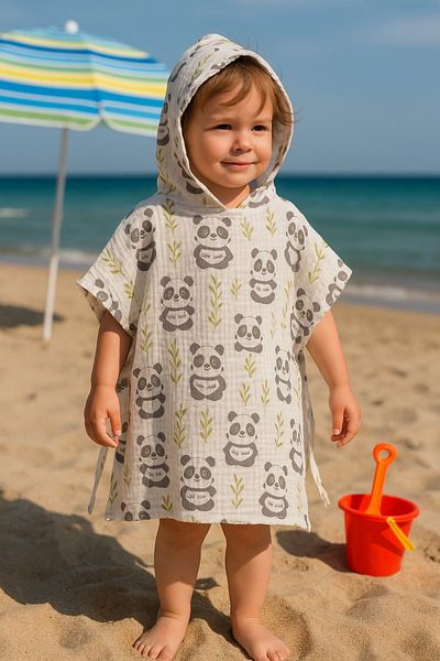 Jaju Baby Children's Muslin Panda Patterned Poncho with Hat for Ages 2-5