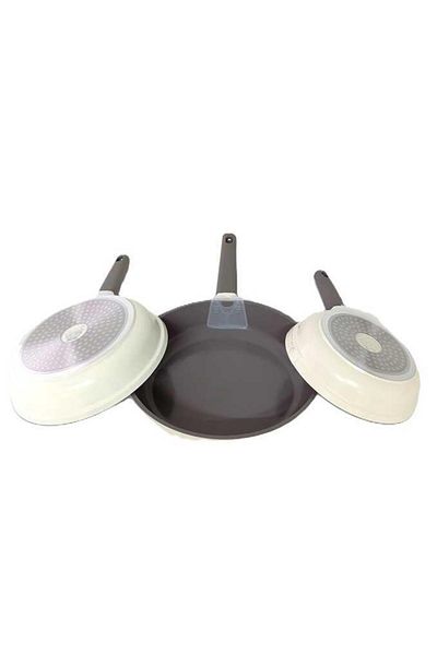 OMS 15016 - 3 Pieces, Induction Cooker Compatible, Cast Iron, Ceramic, (20 - 24 - 28 cm) Pan Set Cream Color