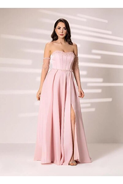 Saygın 629 Straplez Tül Kollu Saten Prenses Taşlı Elbise