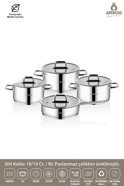 Amboss Nova 8 Piece Stainless Steel Cookware Set with Glass Lid