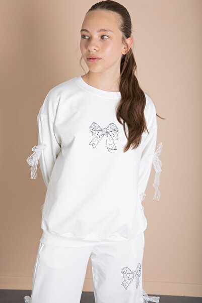 Cansın Mini Ecru Wide Leg Girl's Tracksuit Set with Bow Detail on the Sides 21197