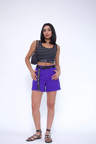 XBELLA DENİM Women's High Waist Double Leg Pink Belted Shorts
