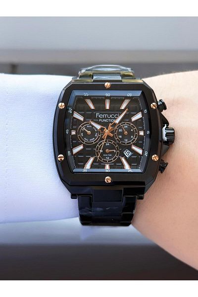 Ferrucci Men's Functions Active Square Case Black Color Metal Cord Wrist Watch