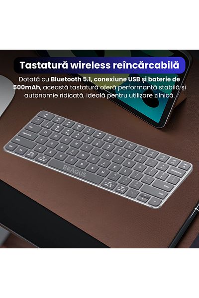 BRAGUS Wireless keyboard, rechargeable, Bluetooth 5.1, USB, 500mAh, aluminum, All Devices, Gray